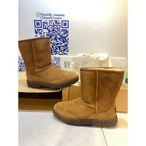 UGG CHESTNUT ULTRA SHORT REVIVAL SUEDE/ SHEEPSKIN BOOTS, WOMEN US 6